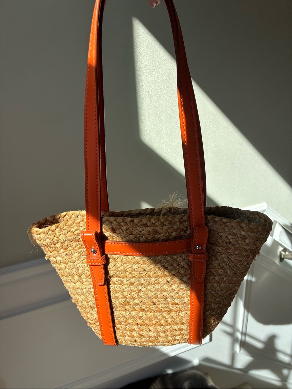 Zara mini jute bag.  Woven Straw Tote with Orange Leather Straps